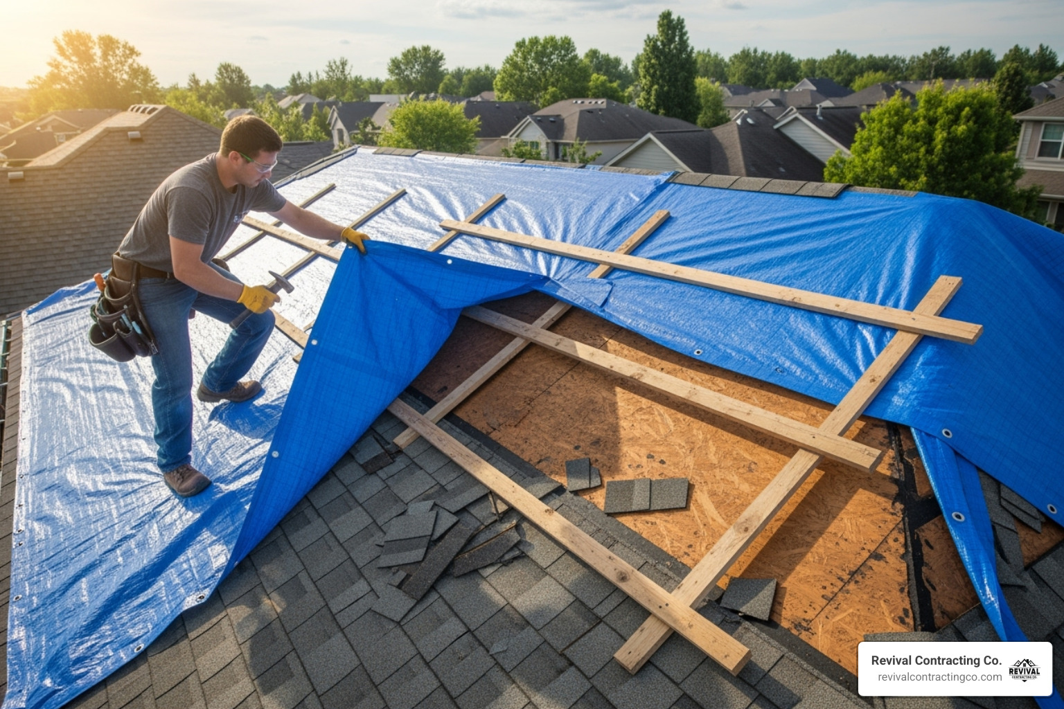 A roofer professionally applying a blue emergency tarp to a damaged roof section. - 24 hour emergency roof repair near me