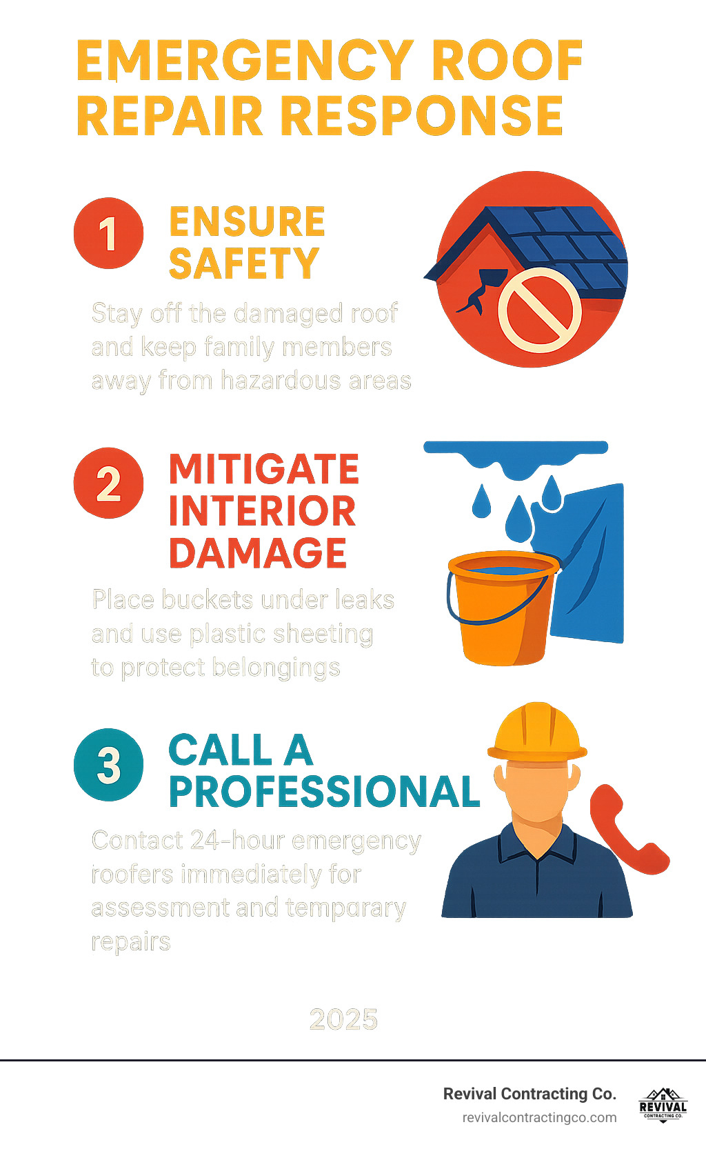 Infographic showing emergency roof repair response steps: 1. Ensure Safety - Stay off the damaged roof and keep family members away from hazardous areas, 2. Mitigate Interior Damage - Place buckets under leaks and use plastic sheeting to protect belongings, 3. Call a Professional - Contact 24-hour emergency roofers immediately for assessment and temporary repairs - 24 hour emergency roof repair near me infographic 