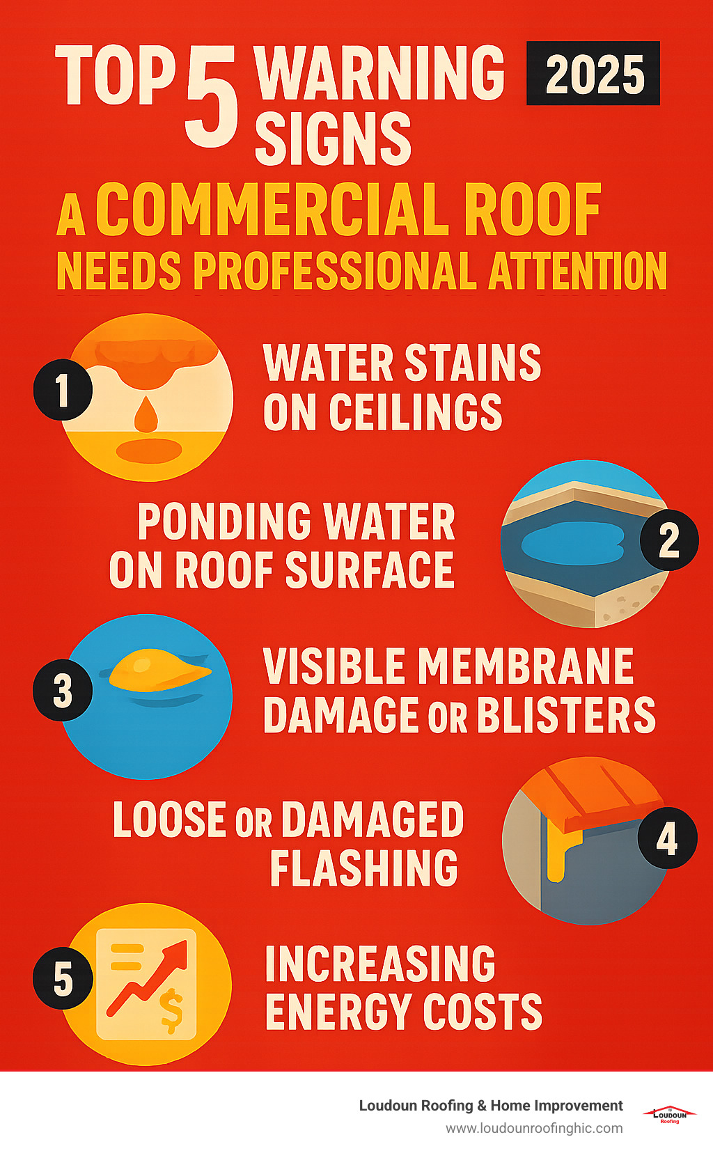 Infographic showing the top 5 warning signs that indicate a commercial roof needs professional attention: water stains on ceilings, ponding water on roof surface, visible membrane damage or blisters, loose or damaged flashing, and increasing energy costs - commercial roofing great falls va infographic 