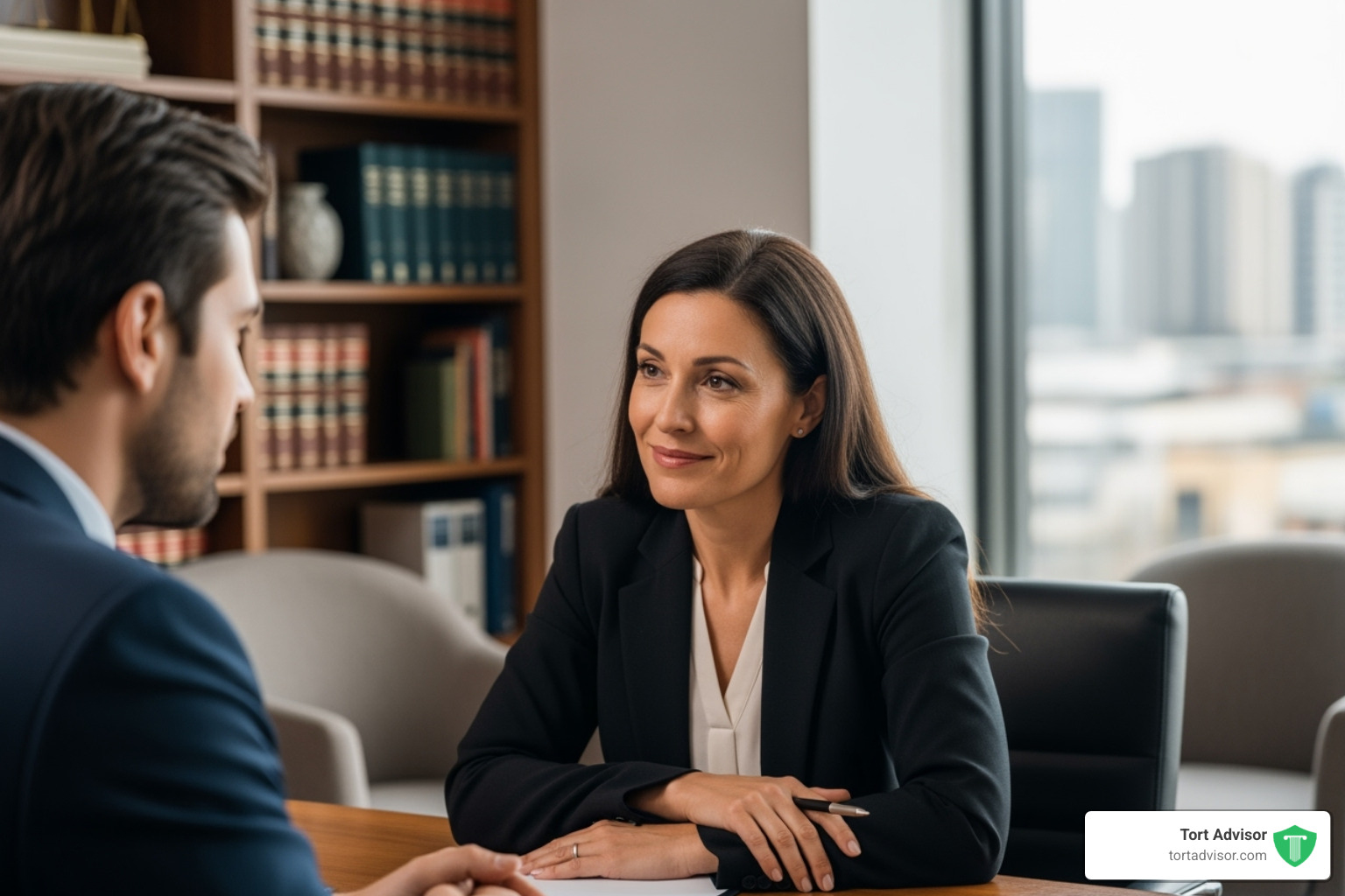 A lawyer compassionately consulting with a client, showing empathy and support - breast implant cancer lawyer
