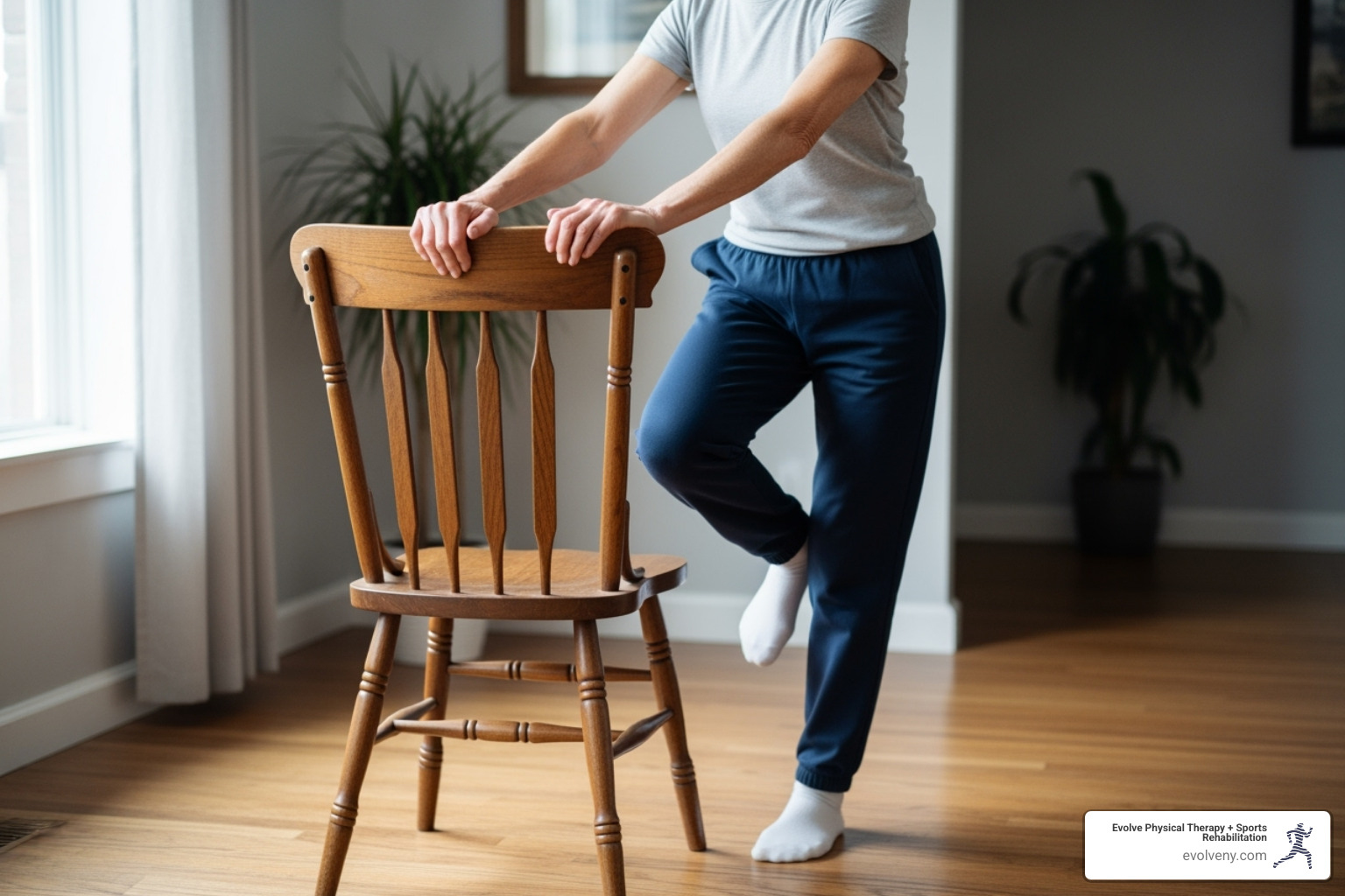 Senior doing a single-leg stand while holding a chair - elderly mobility exercises Senior doing a single-leg stand while holding a chair - elderly mobility exercises