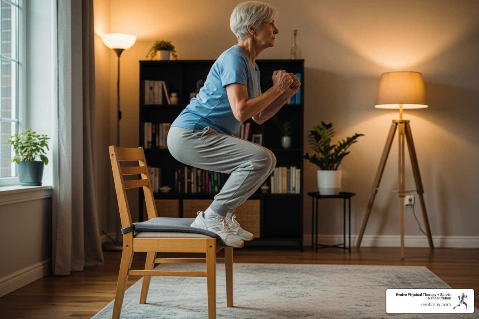 Senior performing a chair squat - elderly mobility exercises Senior performing a chair squat - elderly mobility exercises