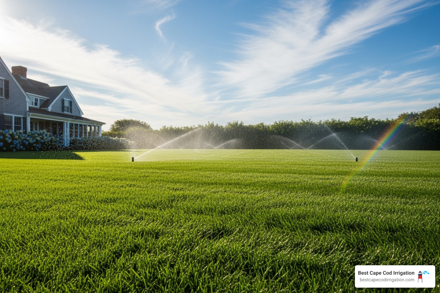 A lush, green lawn on Cape Cod, perfectly manicured, with a modern, efficient sprinkler system subtly watering in the background. The sun is shining, and the overall impression is one of health, vibrancy, and responsible water use. - irrigation system rain sensors A lush, green lawn on Cape Cod, perfectly manicured, with a modern, efficient sprinkler system subtly watering in the background. The sun is shining, and the overall impression is one of health, vibrancy, and responsible water use. - irrigation system rain sensors
