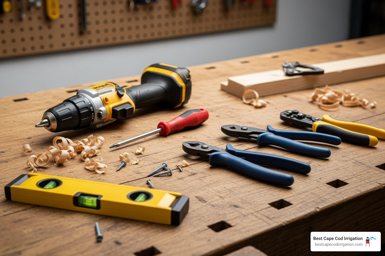 Tools spread out on a workbench, including a drill, screwdriver, wire clippers, wire strippers, and a small level, ready for a DIY project - irrigation system rain sensors Tools spread out on a workbench, including a drill, screwdriver, wire clippers, wire strippers, and a small level, ready for a DIY project - irrigation system rain sensors