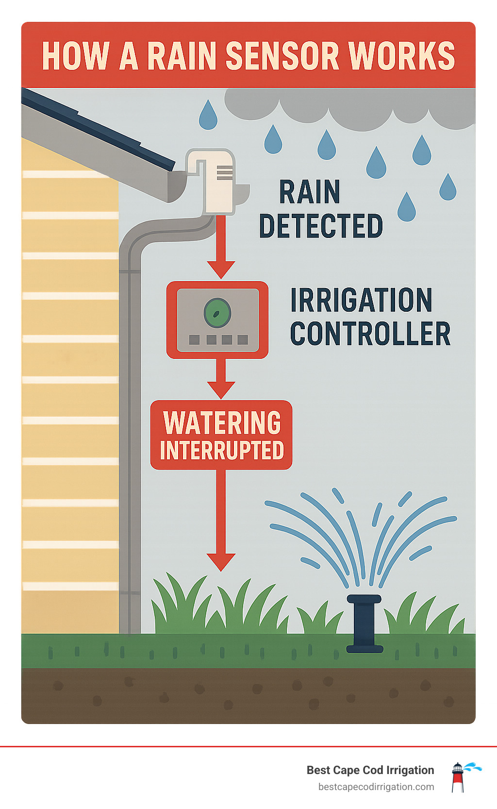 Detailed infographic showing how a rain sensor interrupts a sprinkler system's watering schedule when rainfall is detected, including the sensor placement on a gutter, the signal path to the irrigation controller, and the automatic shutoff process - irrigation system rain sensors infographic Detailed infographic showing how a rain sensor interrupts a sprinkler system's watering schedule when rainfall is detected, including the sensor placement on a gutter, the signal path to the irrigation controller, and the automatic shutoff process - irrigation system rain sensors infographic