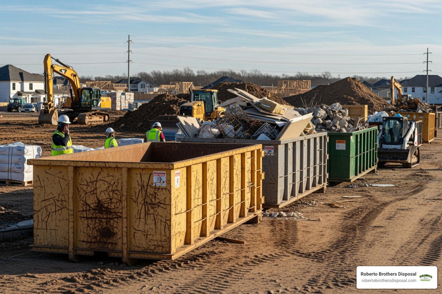 Different sized roll-off dumpsters lined up at a construction site - Construction debris removal