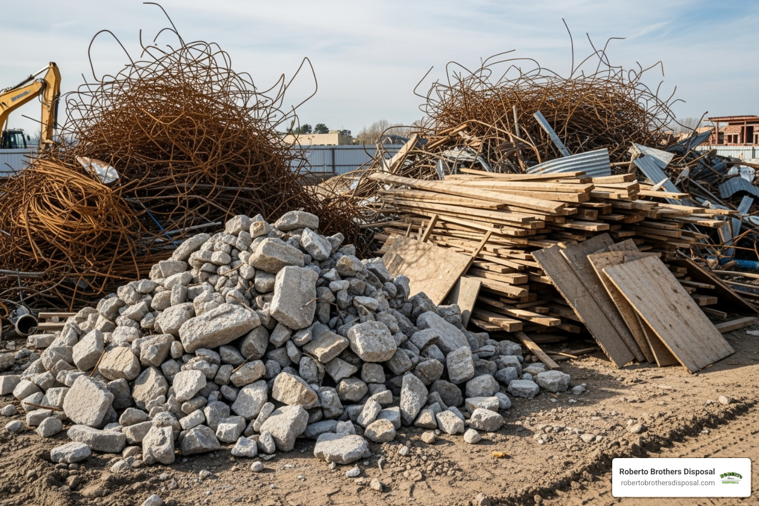 Sorted construction debris piles: one for concrete, one for wood, one for metal - Construction debris removal