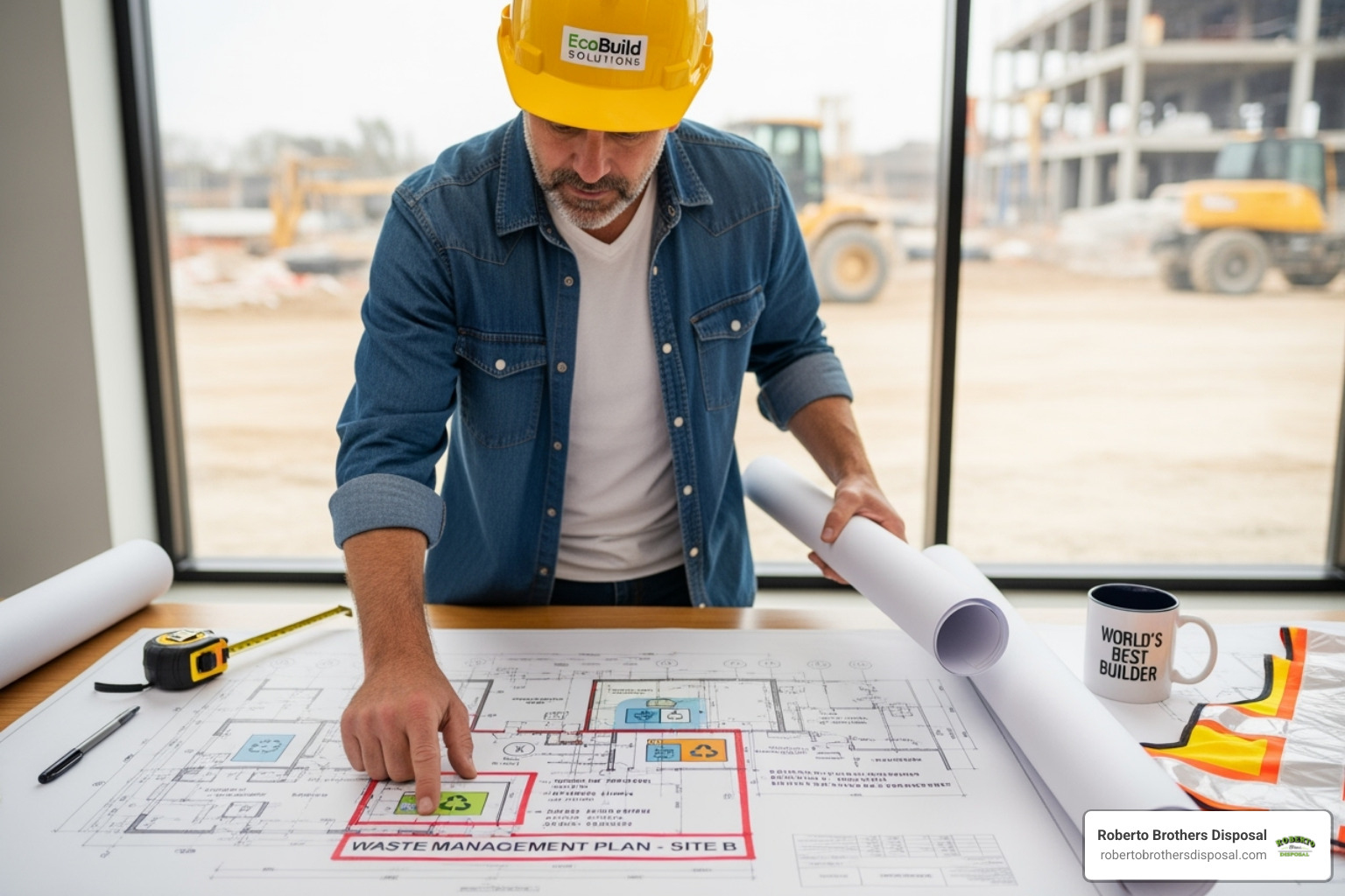 Contractor reviewing a blueprint with a waste management plan highlighted - Construction debris removal