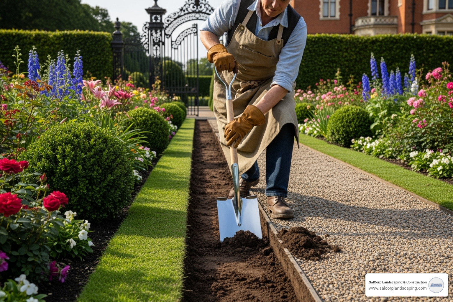 person using a flat-edged shovel to create a Victorian trench edge - edging and mulch