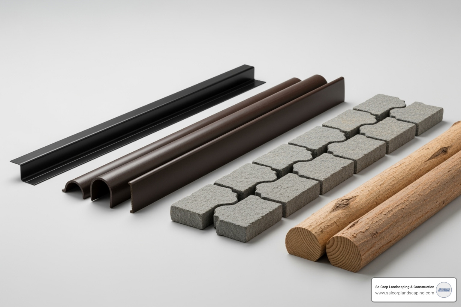 various landscape edging materials like metal, plastic, stone, and wood neatly arranged - edging and mulch