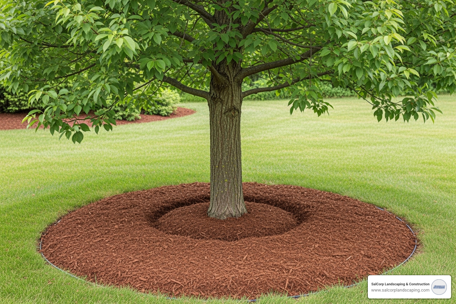 properly mulched tree ring with a clear gap around the trunk - edging and mulch