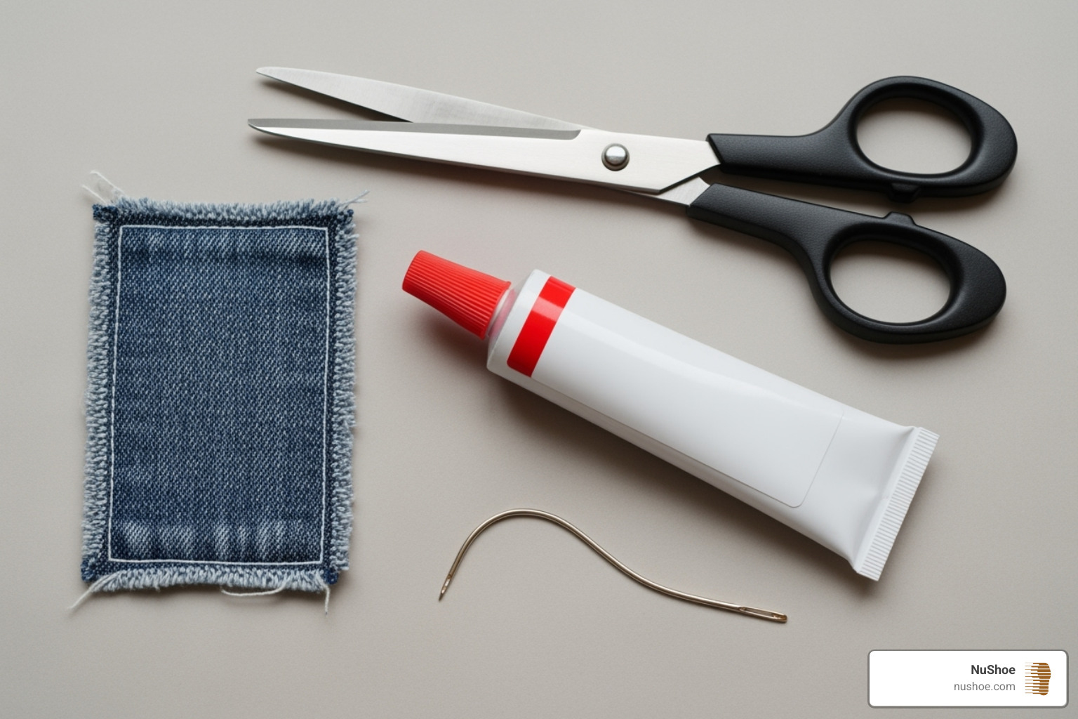DIY shoe repair tools like fabric glue, denim patch, scissors, and a curved needle - fix shoe lining disintegrating