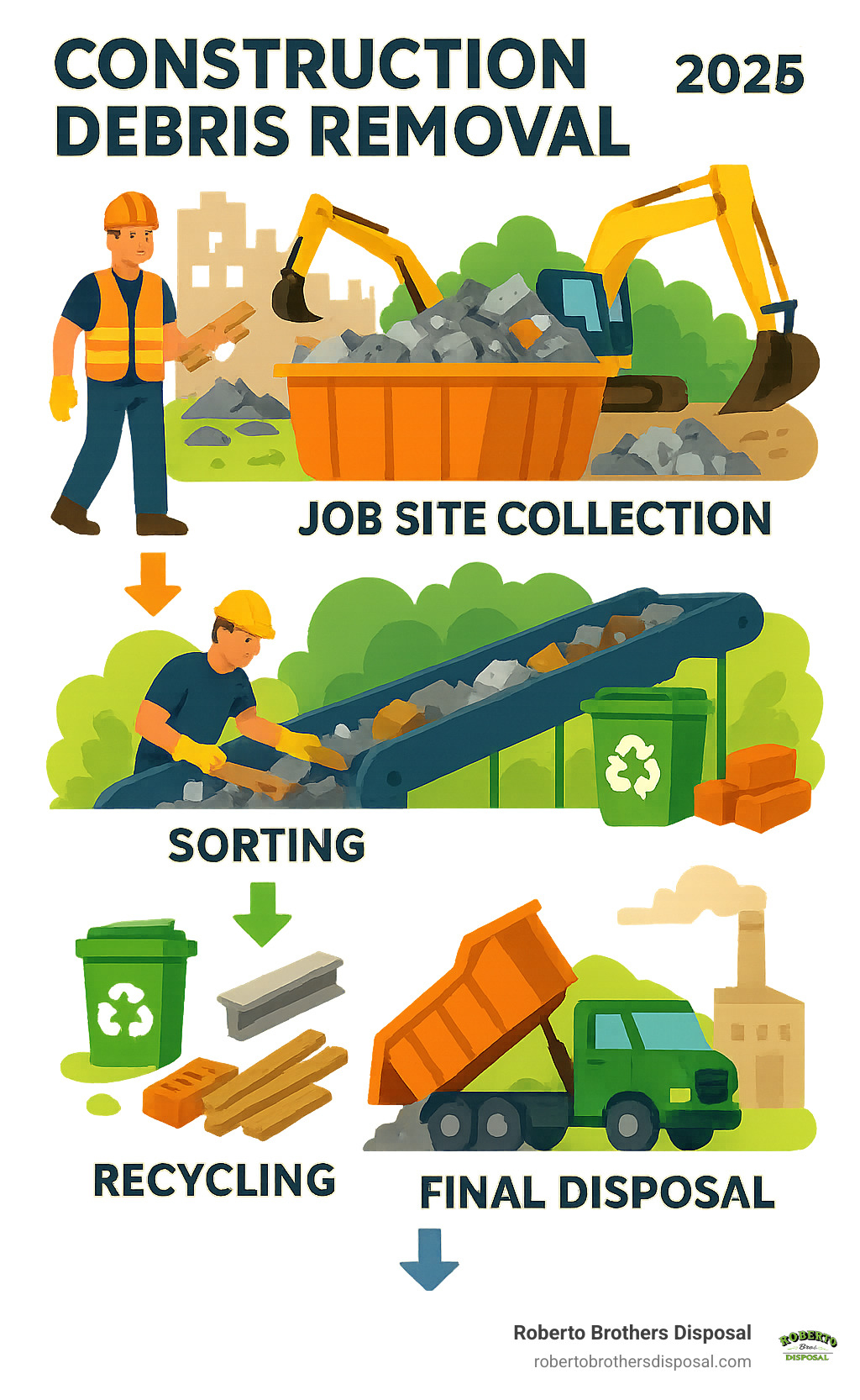 Infographic showing construction debris removal process from job site collection through sorting, recycling, and final disposal at permitted facilities - Construction debris removal infographic 