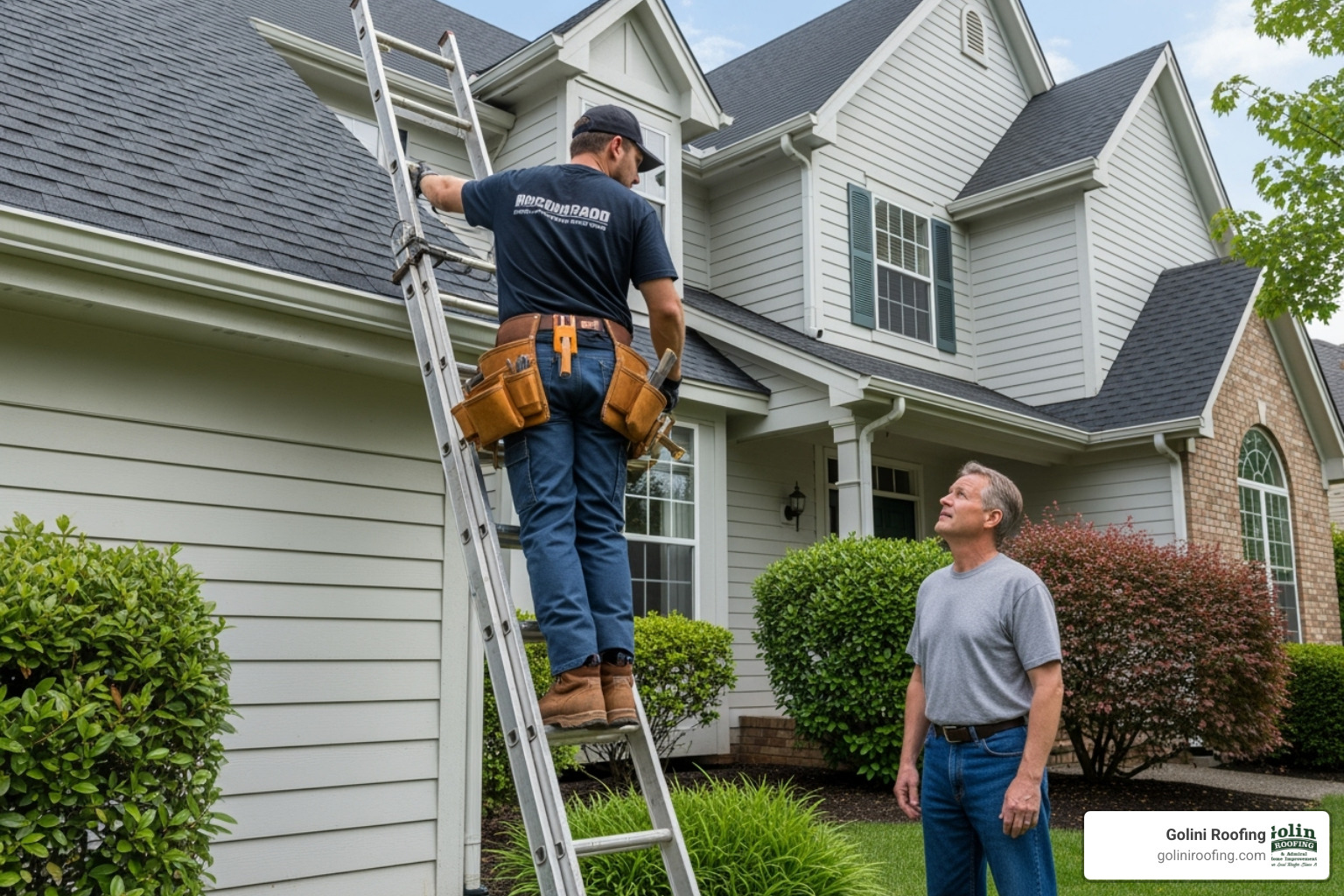 of a roofing contractor inspecting a roof with a homeowner - Storm damage roof repair of a roofing contractor inspecting a roof with a homeowner - Storm damage roof repair