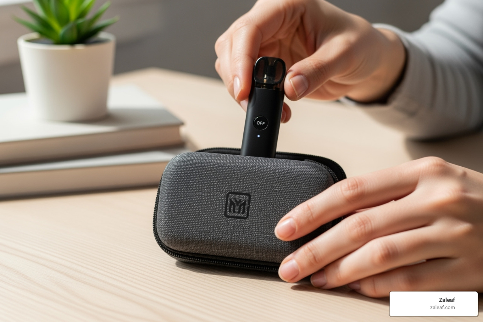 A person responsibly storing a vape pen in a protective case - pure thc vape pen disposable