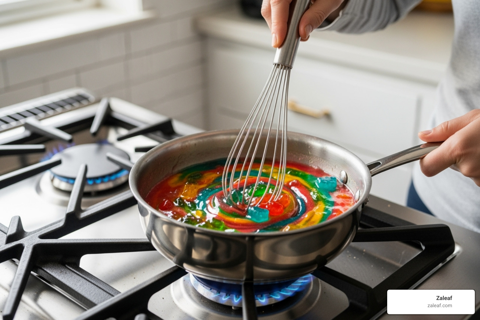 whisking the gummy mixture in a saucepan - how to make thc gummies