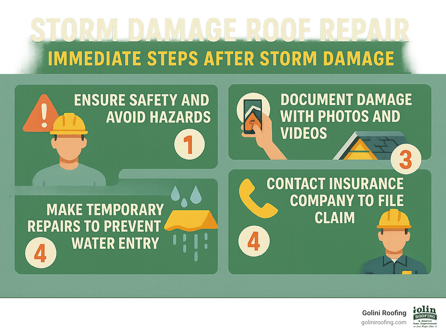 Infographic showing the 5 immediate steps after storm damage: 1) Ensure safety and avoid hazards, 2) Document damage with photos and videos, 3) Make temporary repairs to prevent water entry, 4) Contact insurance company to file claim, 5) Schedule professional inspection with licensed contractor - Storm damage roof repair infographic 