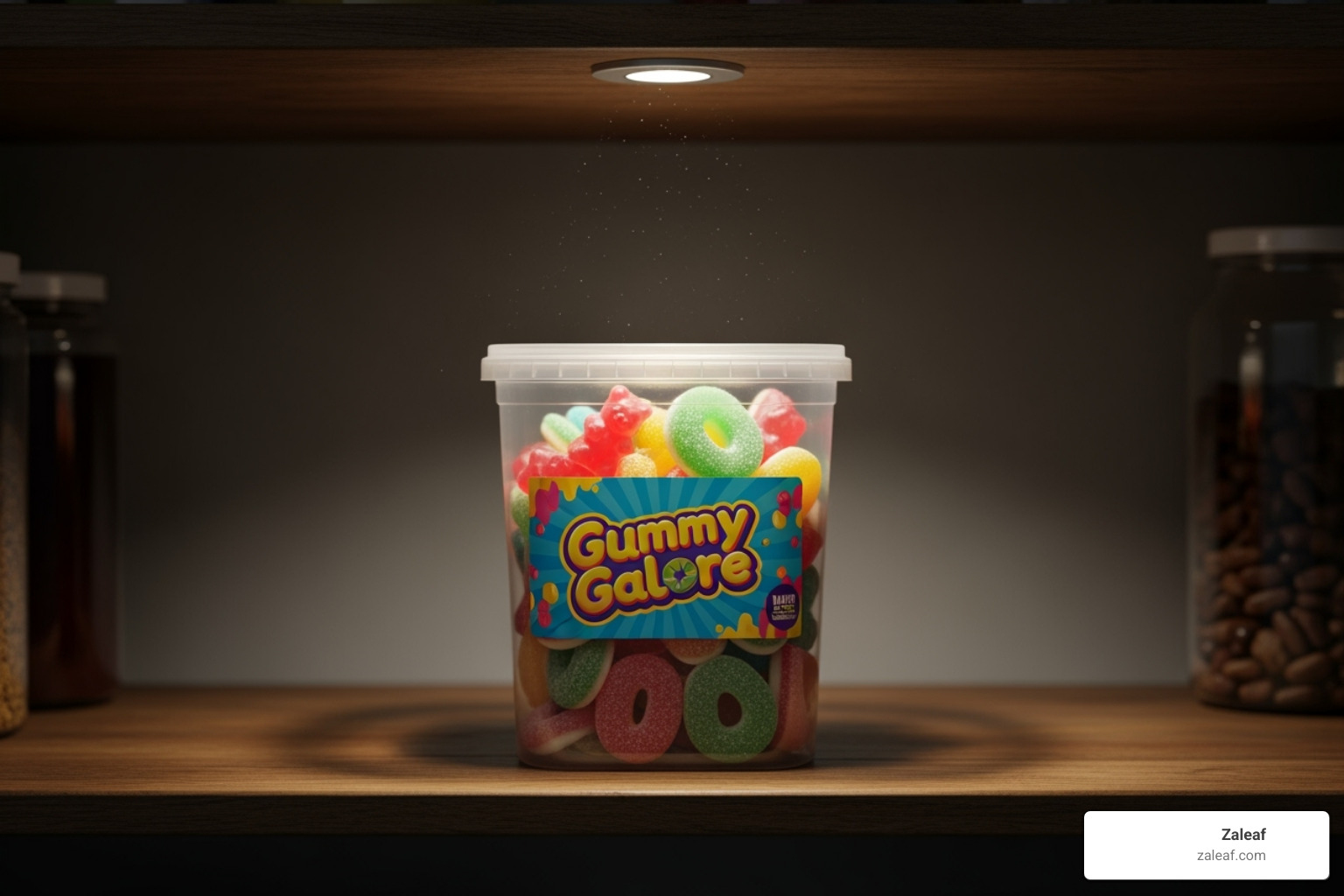 Gummies in a sealed, dark container in a cool pantry - THC gummies bulk