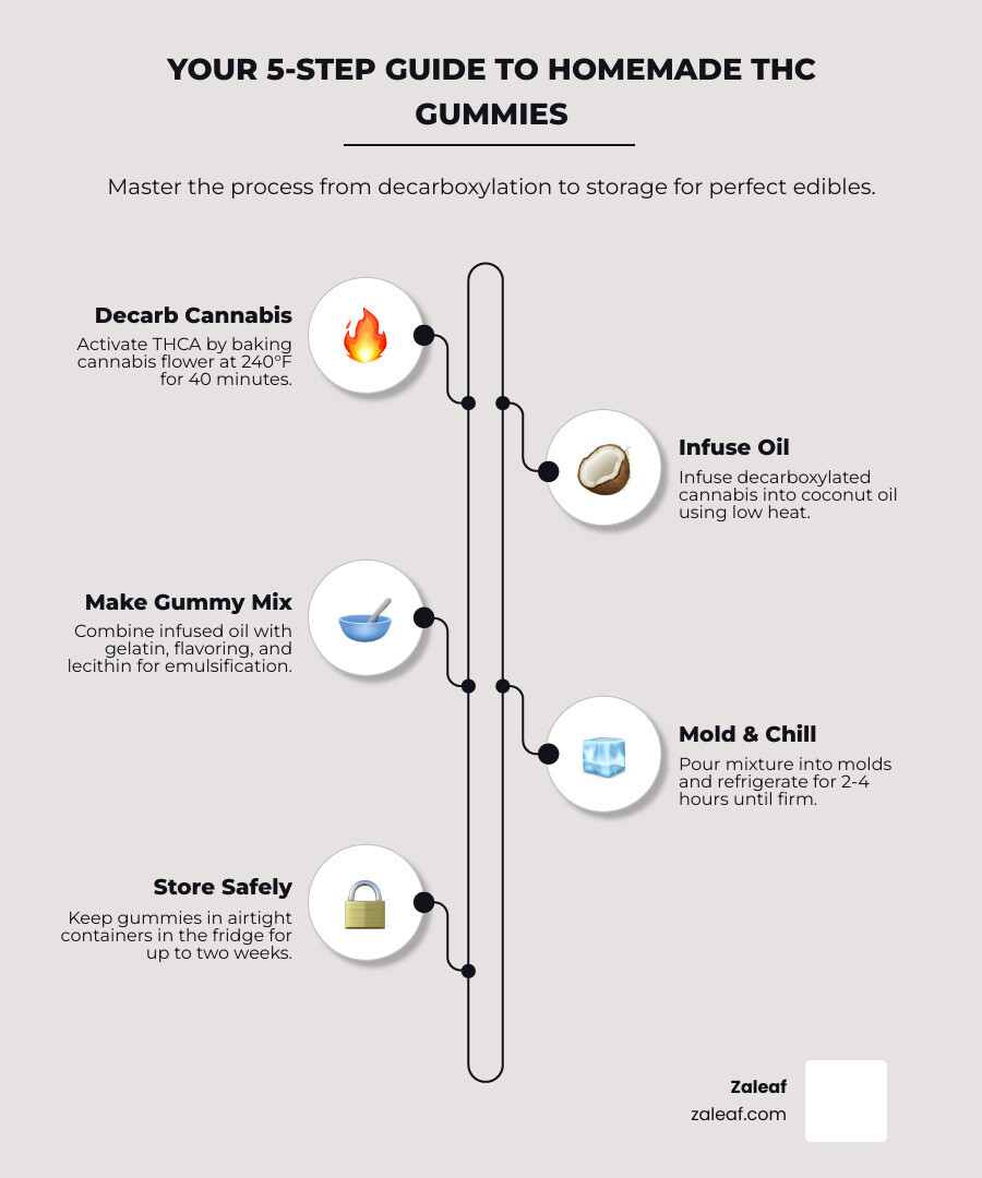 Detailed infographic showing the complete THC gummy making process from decarboxylation through final storage, including temperature guidelines, timing for each step, essential equipment needed, and safety considerations for homemade cannabis edibles - how to make thc gummies infographic infographic-line-5-steps-neat_beige