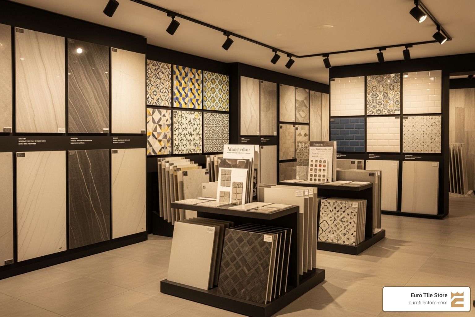 Tile showroom displaying various European tile options - Bathroom renovation cost Tile showroom displaying various European tile options - Bathroom renovation cost