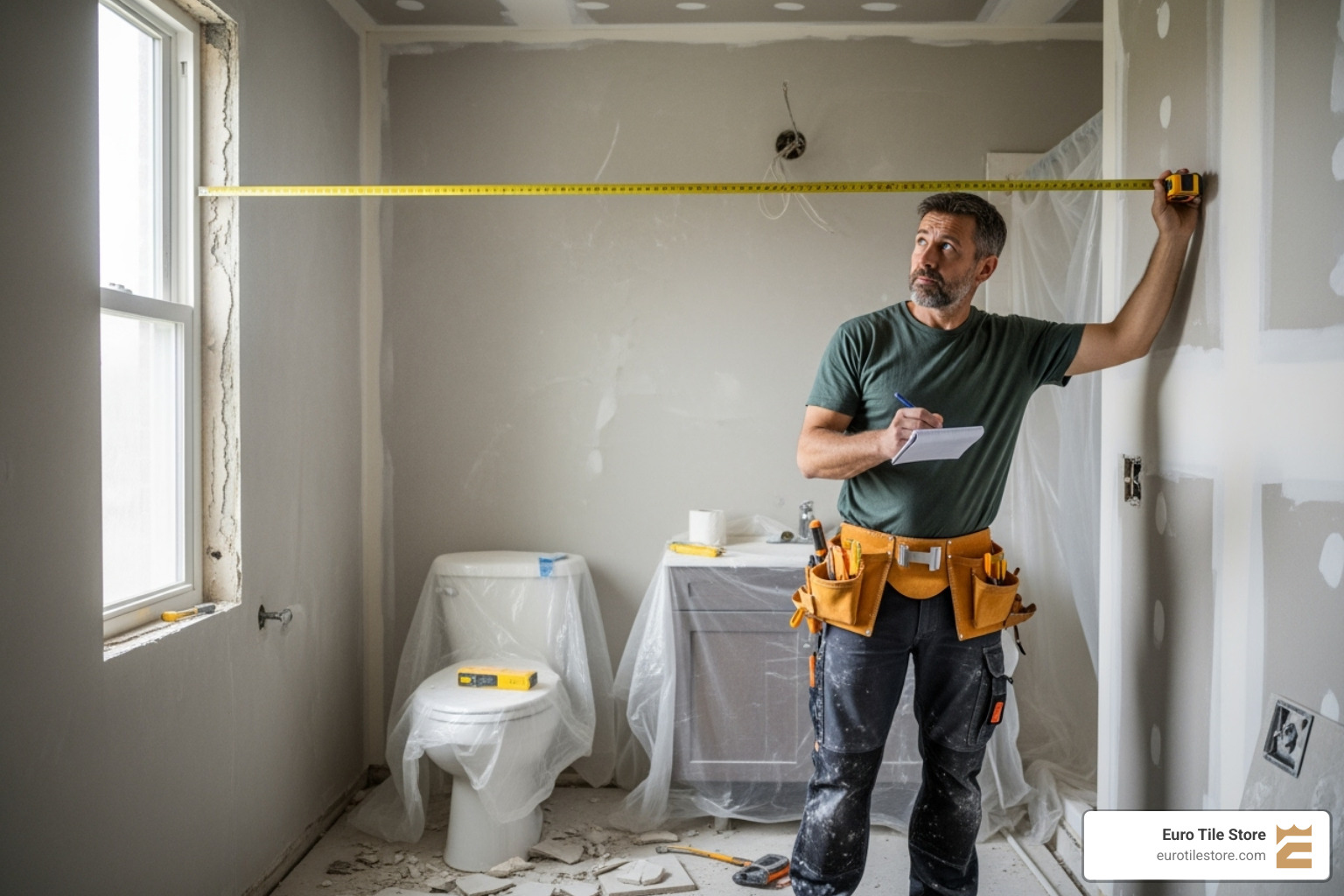 Contractor measuring a bathroom for renovation - Bathroom renovation cost Contractor measuring a bathroom for renovation - Bathroom renovation cost