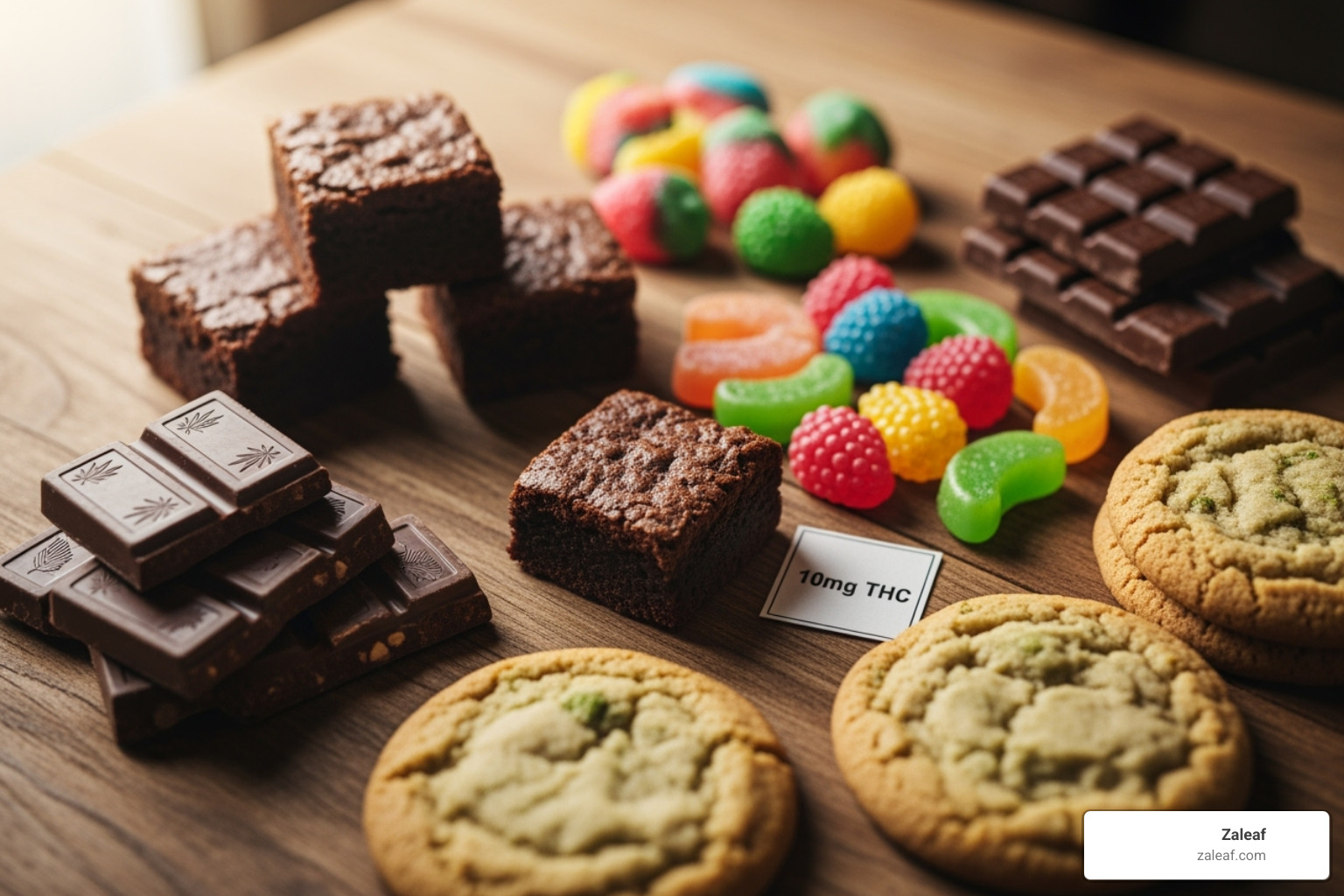 A colorful assortment of modern cannabis edibles, including gummies, chocolate bars, baked goods like cookies and brownies, and infused beverages, all displayed attractively. - what are edibles
