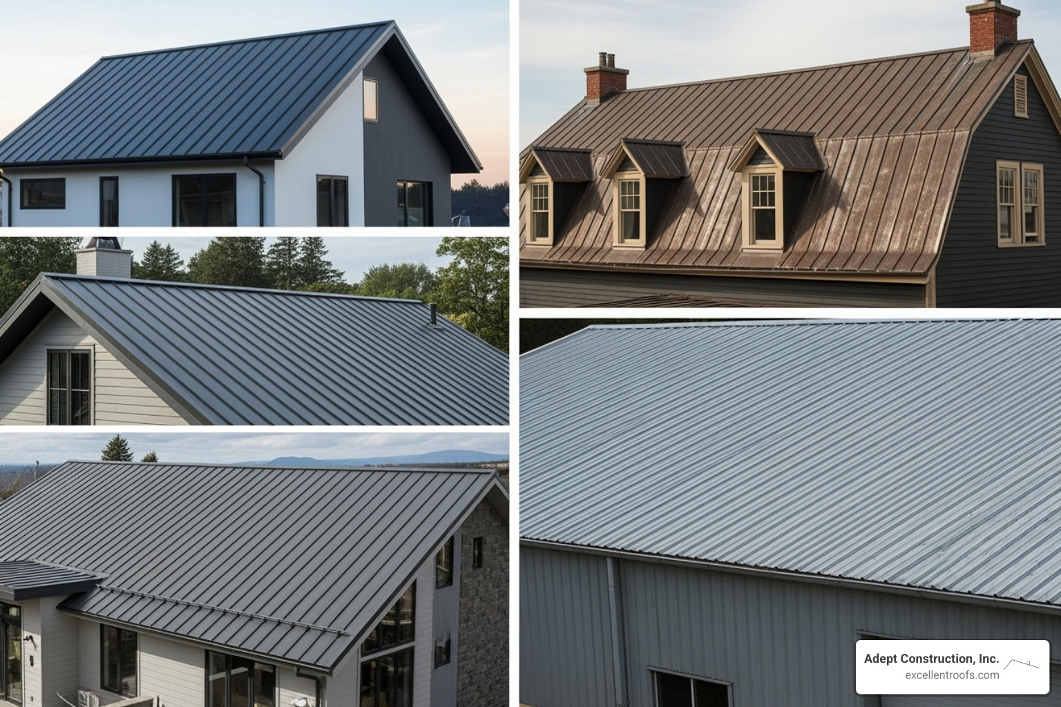 different metal roof styles like standing seam, metal shingles, and corrugated panels - metal roofing downers grove