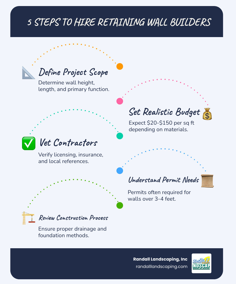 Infographic showing 5 steps to hire retaining wall contractors: 1) Define project scope and materials, 2) Set budget ($20-150 per sq ft), 3) Research contractors and verify credentials, 4) Check permit requirements for walls over 3-4 feet, 5) Review construction process including drainage and foundation methods - retaining wall builders infographic infographic-line-5-steps-blues-accent_colors