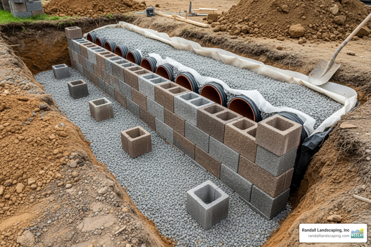 retaining wall under construction with base and drainage - retaining wall builders