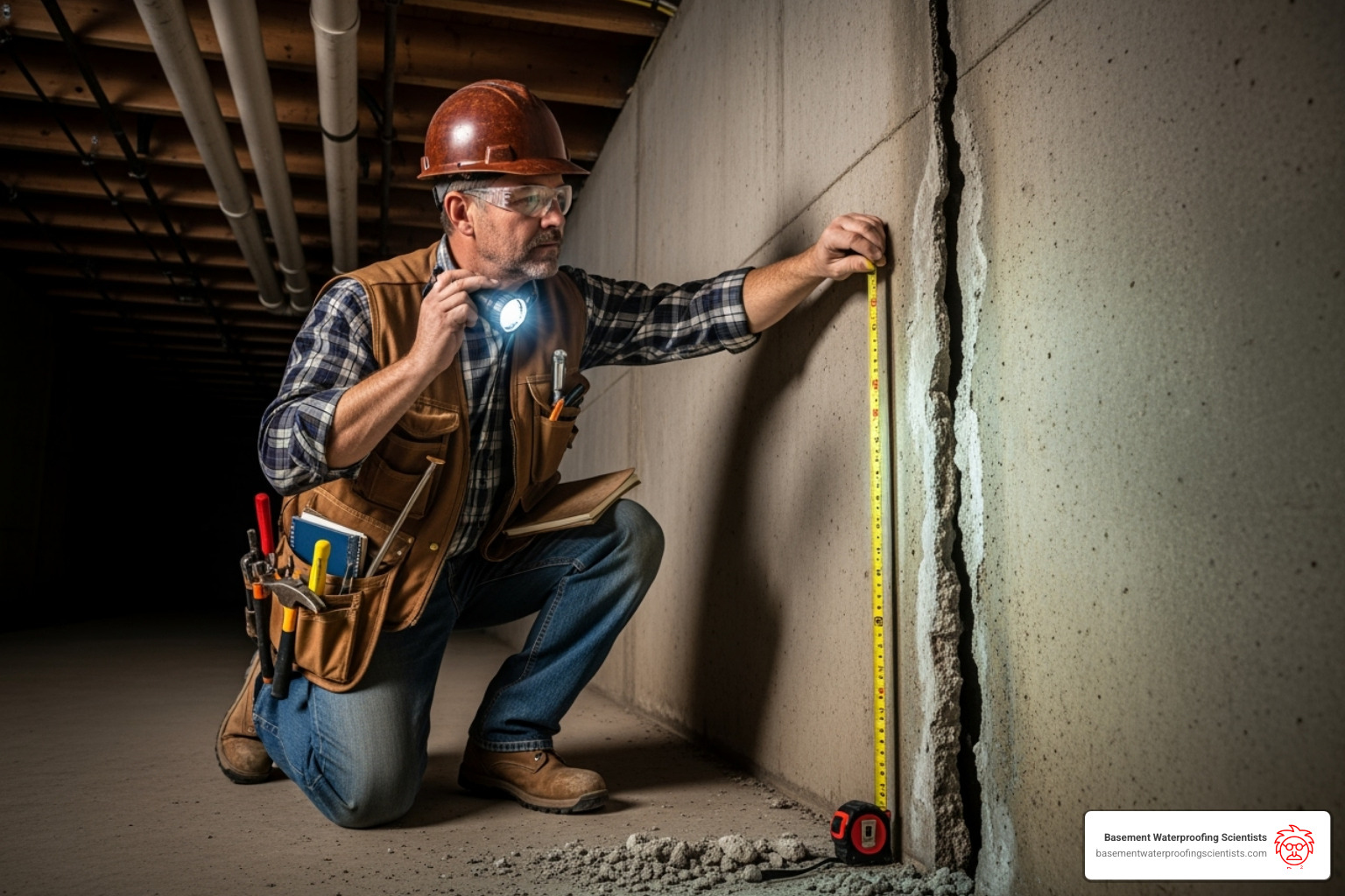a professional contractor inspecting a large, serious foundation crack - sealing small cracks in foundation