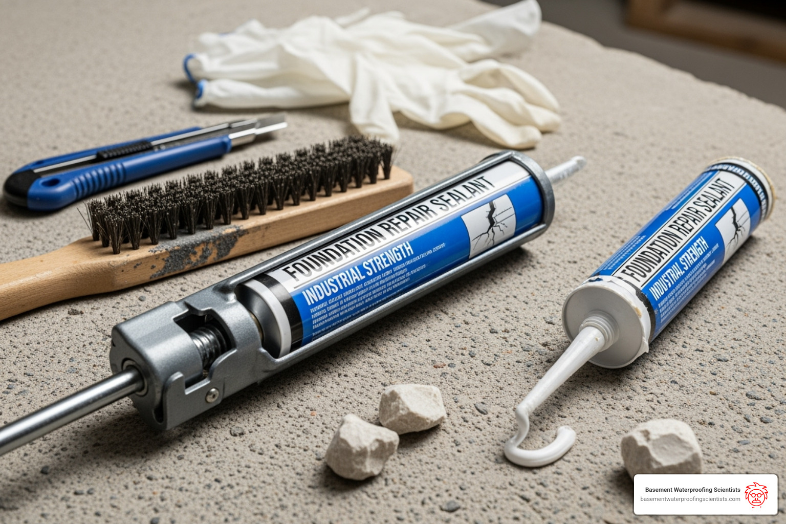 tools for crack repair like a caulk gun, wire brush, and professional-grade sealant - sealing small cracks in foundation