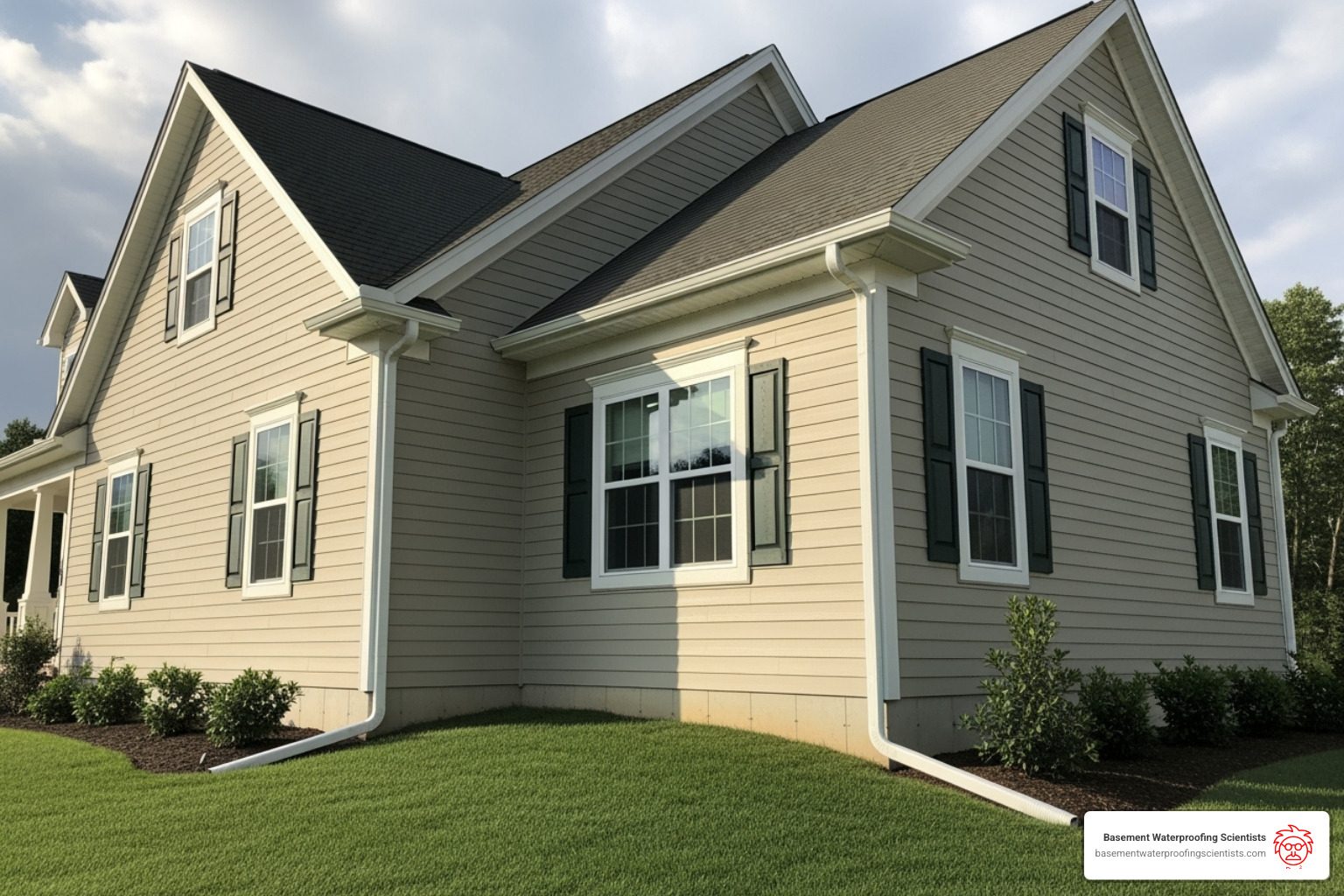 a home with proper guttering and soil grading sloping away from the foundation - sealing small cracks in foundation