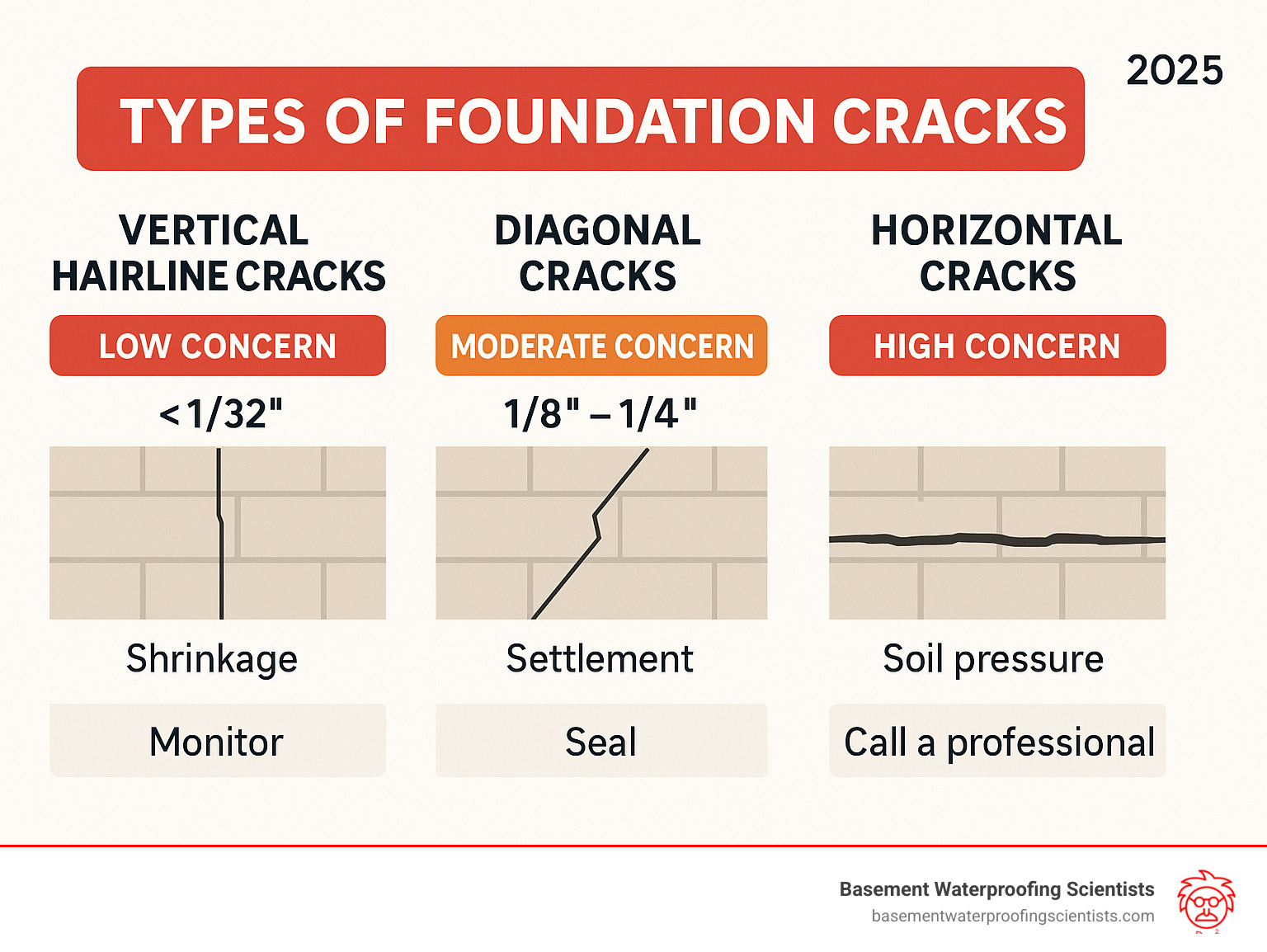 Detailed comparison infographic showing three types of foundation cracks: vertical hairline cracks labeled as low concern with shrinkage causes, diagonal cracks labeled as moderate concern with settlement causes, and horizontal cracks labeled as high concern with soil pressure causes, including width measurements and recommended actions for each type - sealing small cracks in foundation infographic 