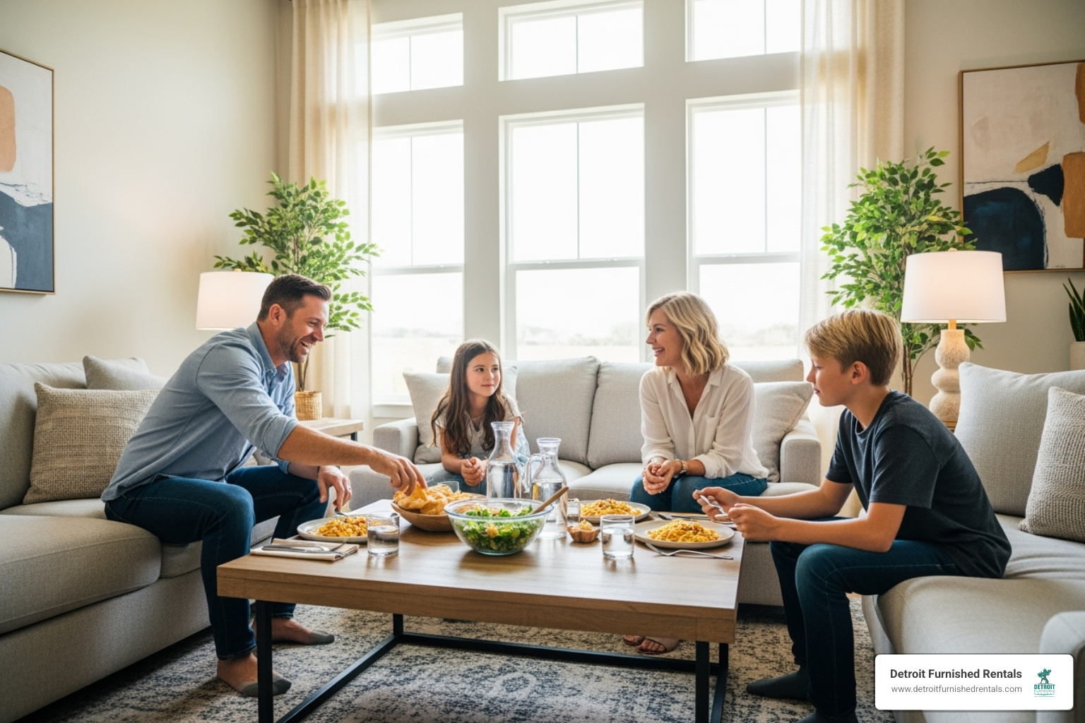 family enjoying a meal in the spacious living area of a rental home - short term house rentals
