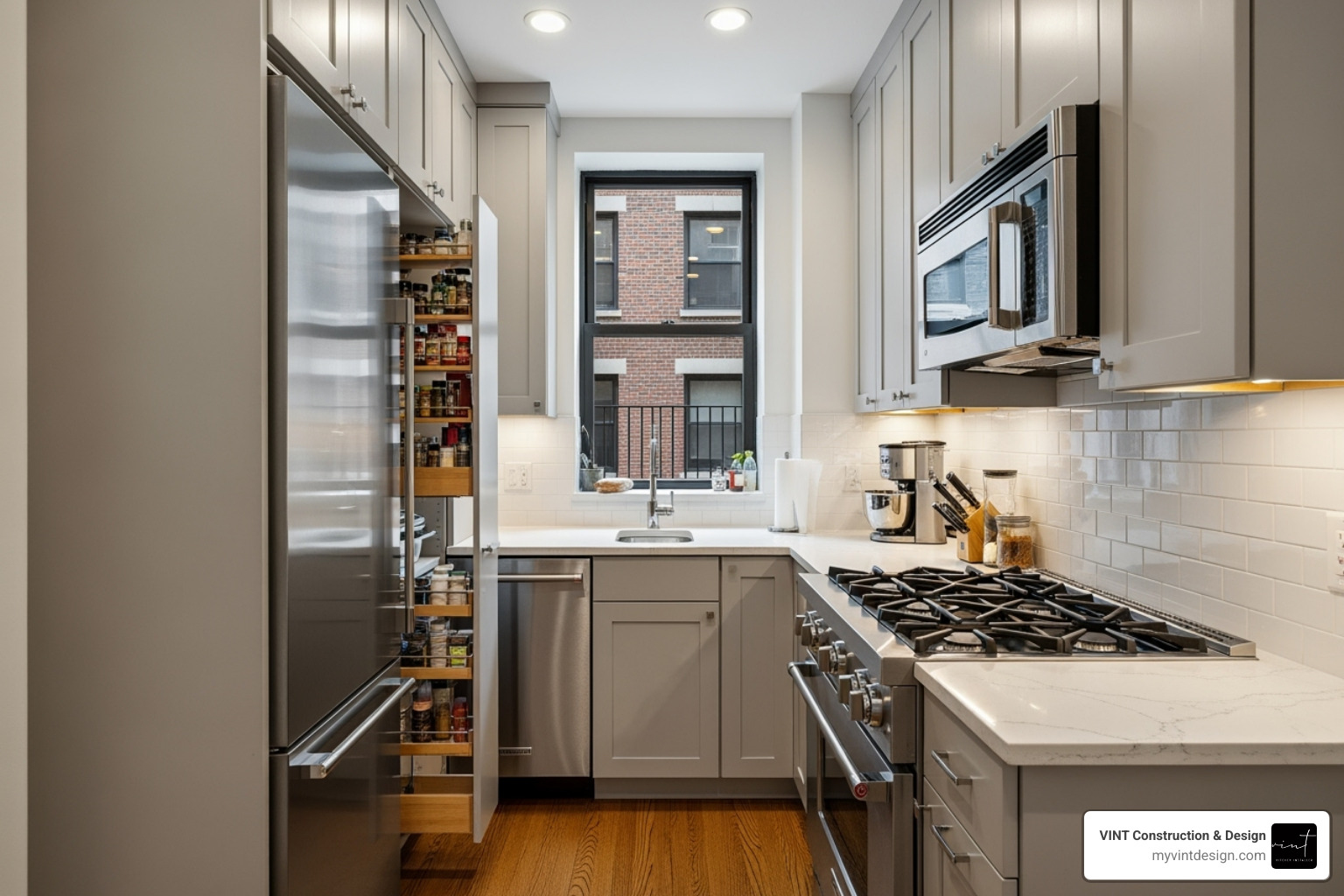 small but highly functional NYC galley kitchen with smart storage solutions - kitchen remodelers new york small but highly functional NYC galley kitchen with smart storage solutions - kitchen remodelers new york