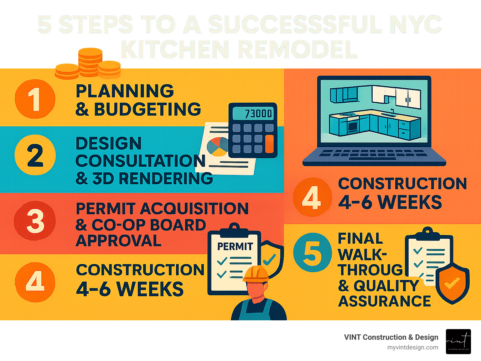 Infographic showing the 5 key steps to a successful NYC kitchen remodel: 1. Planning and budgeting with cost breakdown by kitchen size, 2. Design consultation and 3D rendering approval, 3. Permit acquisition and co-op board approval process, 4. Construction phase timeline of 4-6 weeks, 5. Final walkthrough and quality assurance with warranty details - kitchen remodelers new york infographic Infographic showing the 5 key steps to a successful NYC kitchen remodel: 1. Planning and budgeting with cost breakdown by kitchen size, 2. Design consultation and 3D rendering approval, 3. Permit acquisition and co-op board approval process, 4. Construction phase timeline of 4-6 weeks, 5. Final walkthrough and quality assurance with warranty details - kitchen remodelers new york infographic