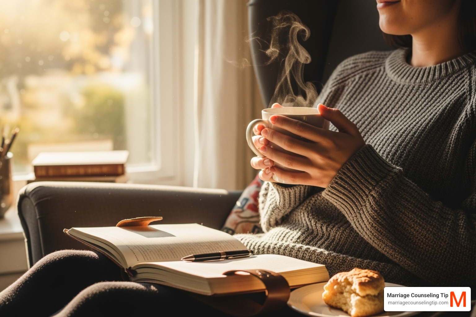 person journaling with a cup of tea, looking content - develop coping mechanisms