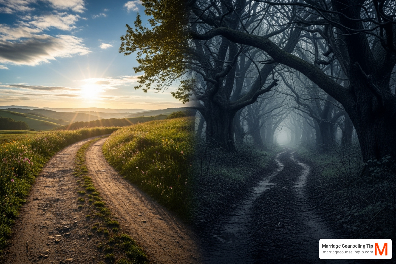 two paths, one leading to a bright outcome (healthy) and one to a dark, tangled outcome (unhealthy) - develop coping mechanisms