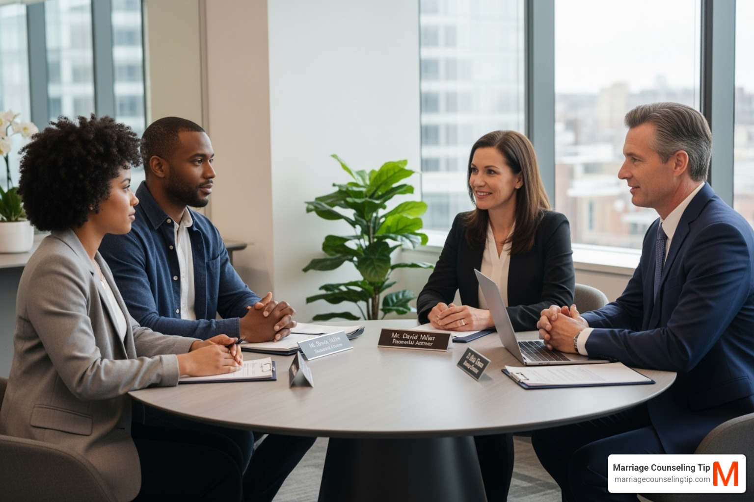 Couple talking with a financial advisor and a marriage counselor - financial stress marriage