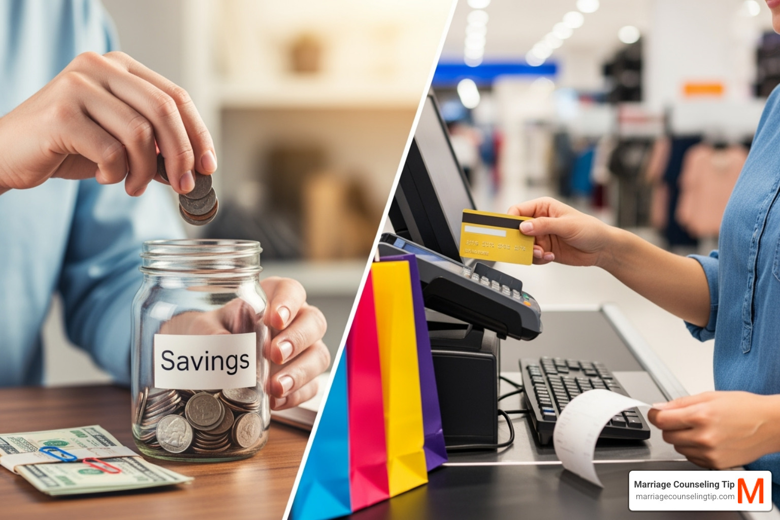 split screen showing one partner saving money and the other spending freely - financial stress marriage