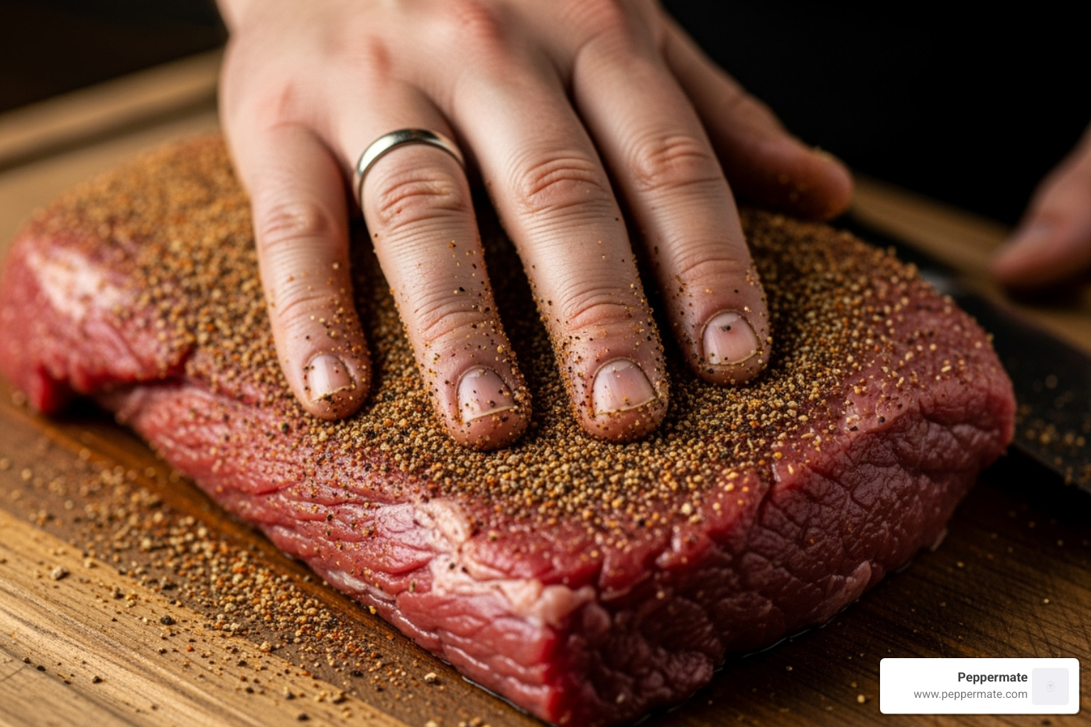 a hand rubbing a coarse, dark rub onto a large beef brisket - gourmet bbq rubs