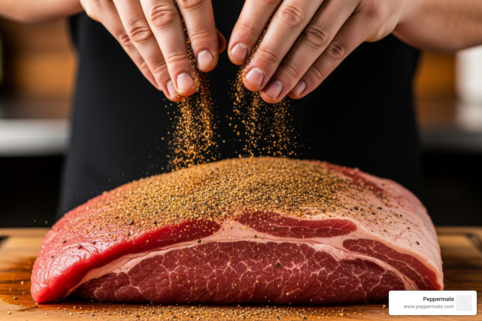 a person sprinkling rub onto meat from a height for even coverage - gourmet bbq rubs