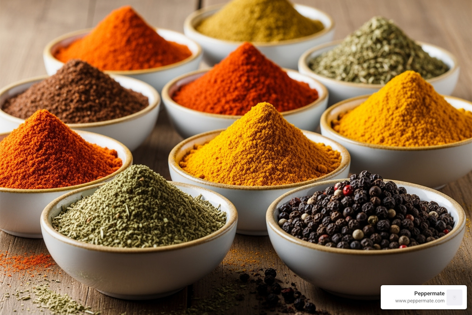 various colorful spice rubs in small bowls - gourmet bbq rubs