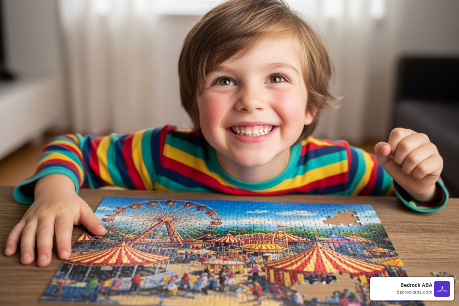 A child successfully completing a puzzle and feeling proud, beaming with a sense of accomplishment - aba therapy near me