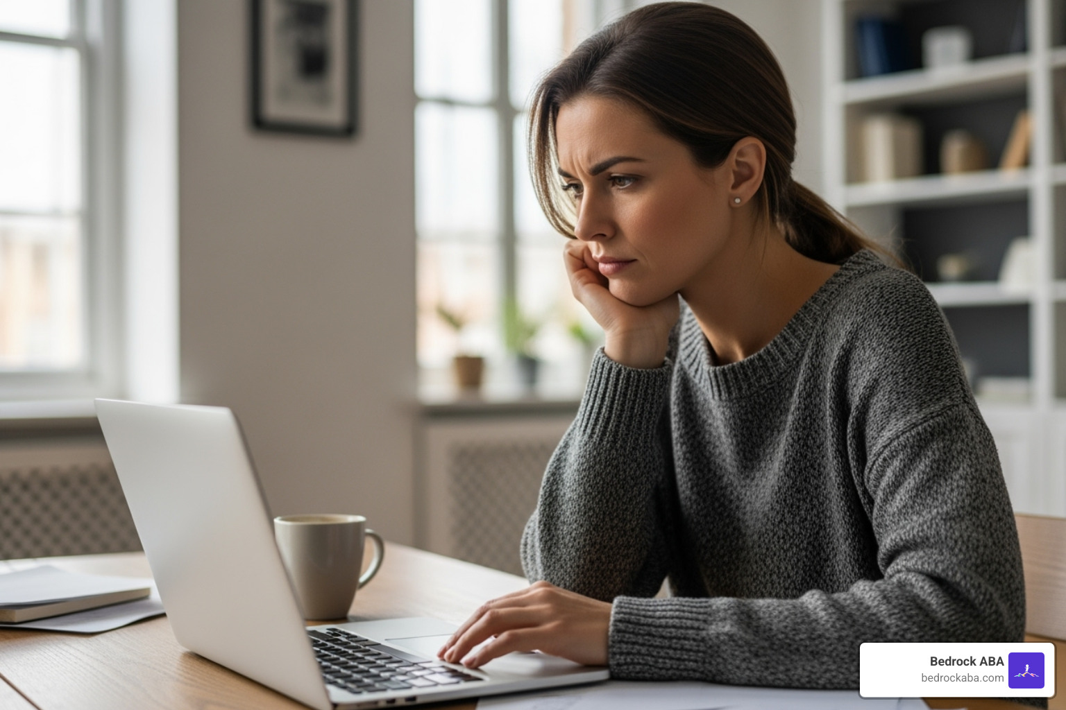 A parent researching ABA therapy options on a laptop, with a thoughtful expression - aba therapy near me