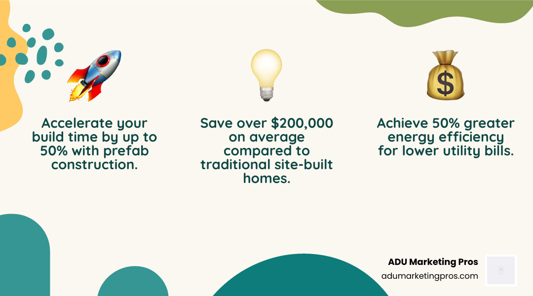 Infographic showing key benefits of prefab homes in San Diego: 50% faster construction timeline, 50% more energy efficient with lower HERS scores, average cost savings of $200,000+ compared to site-built homes, and superior quality control through factory construction process - prefab homes san diego infographic 3_facts_emoji_nature