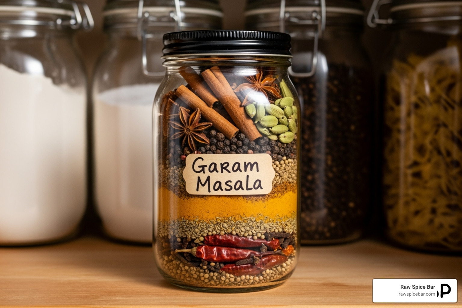 finished spice blend in a sealed glass jar in a pantry - salt free pickling spice
