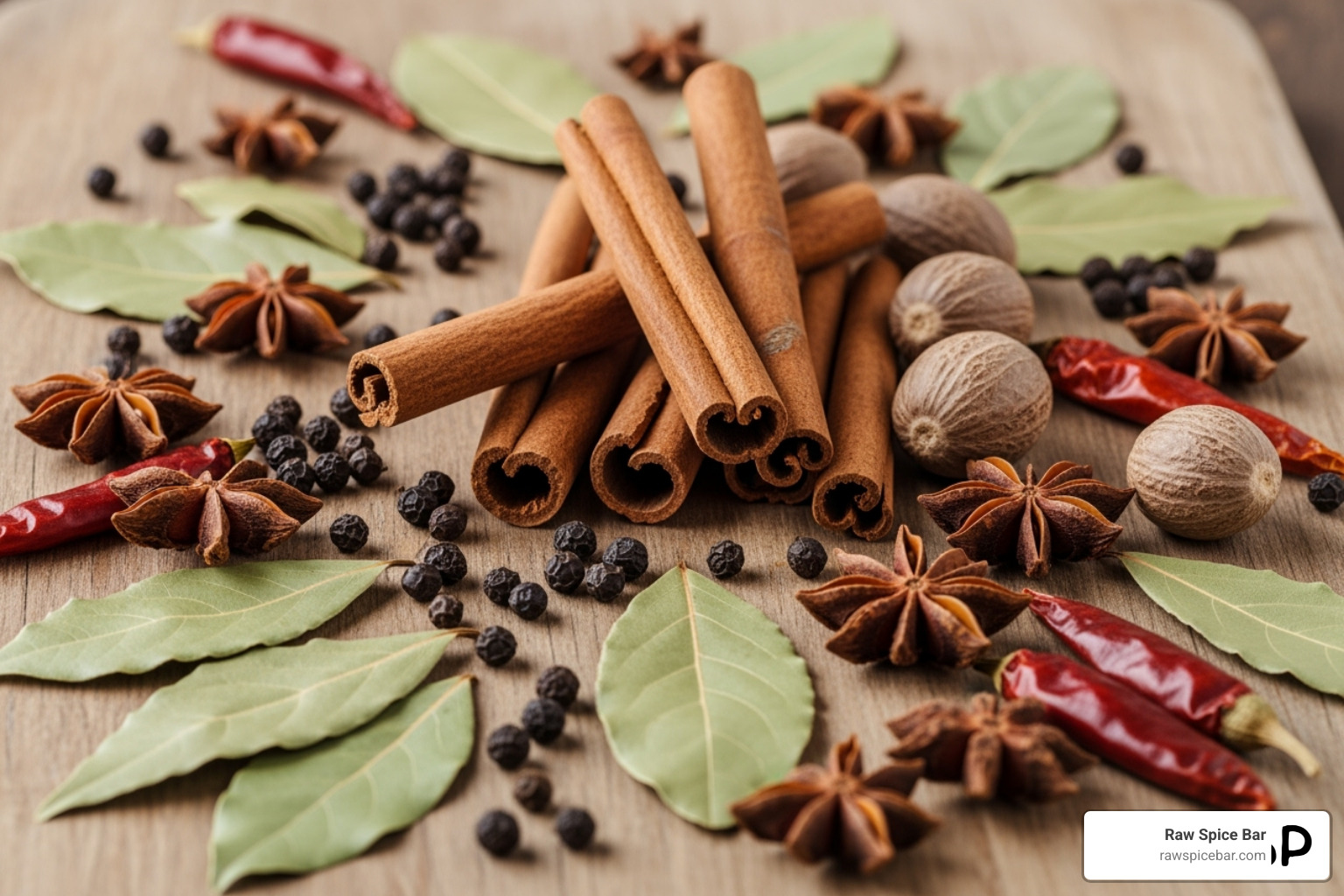 whole spices like cinnamon sticks, bay leaves, and peppercorns arranged on a wooden board - salt free pickling spice