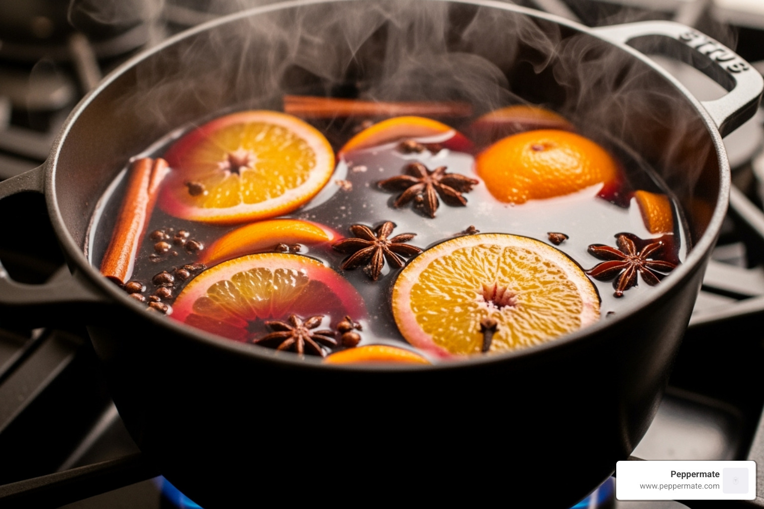 Simmering pot of mulled wine with cinnamon sticks, oranges, and star anise - gourmet cinnamon sticks