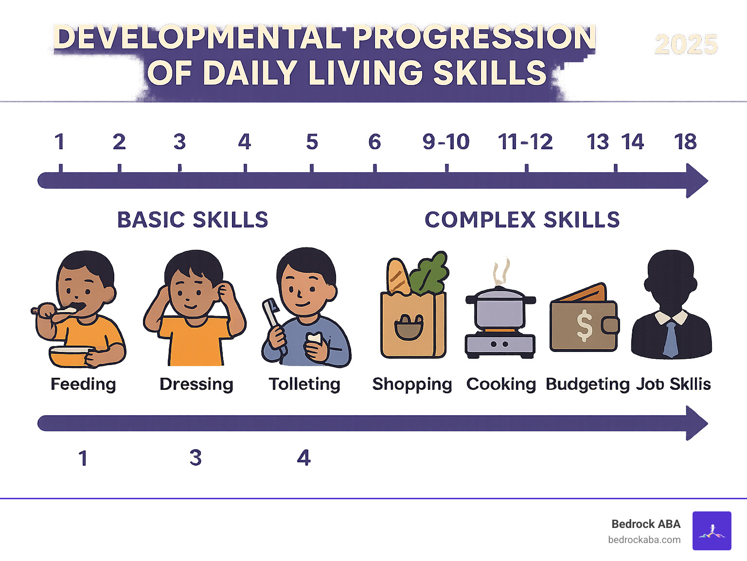 Comprehensive infographic showing the developmental progression of daily living skills from ages 1-18, including basic self-care activities like feeding and dressing at younger ages, progressing to complex skills like budgeting, cooking, and job readiness in teenage years, with visual icons for each skill category - daily living skills infographic 